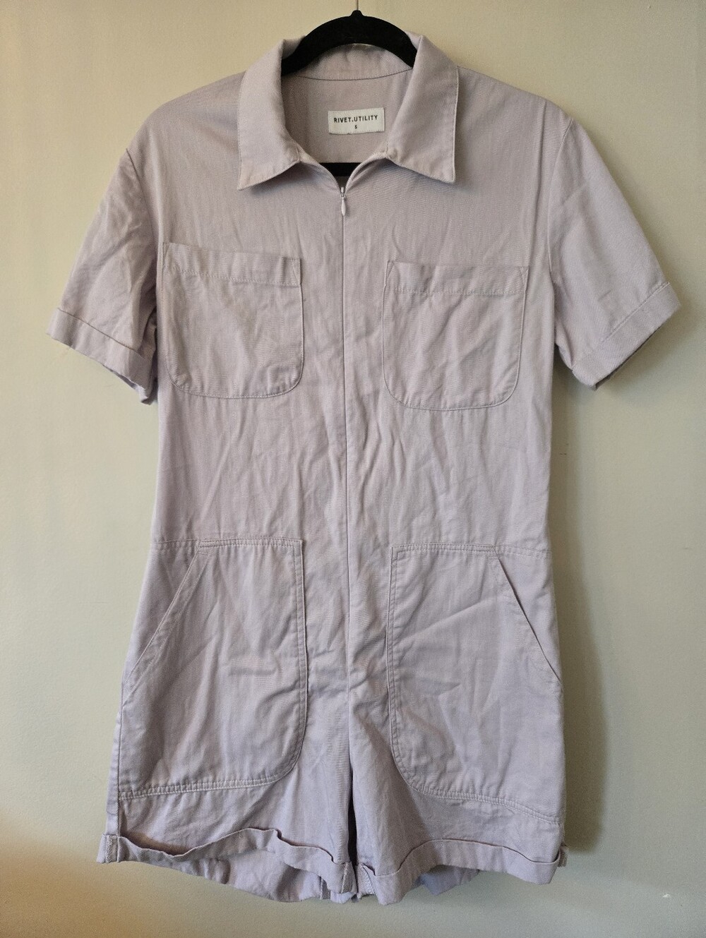 Rivet Utility Runaround Lilac 100% Cotton Short Sleeve Zip Romper [Small]